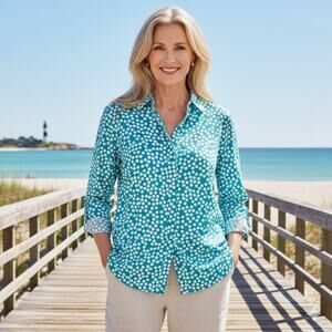 Chico's Blue White Polka Dot No Iron Long Sleeve  Button Down Top 2